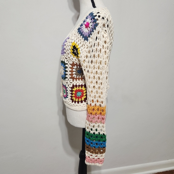Crocheted Boho Hippie Granny Square Cardigan Open Knit Sweater Colorful S - Picture 3 of 8